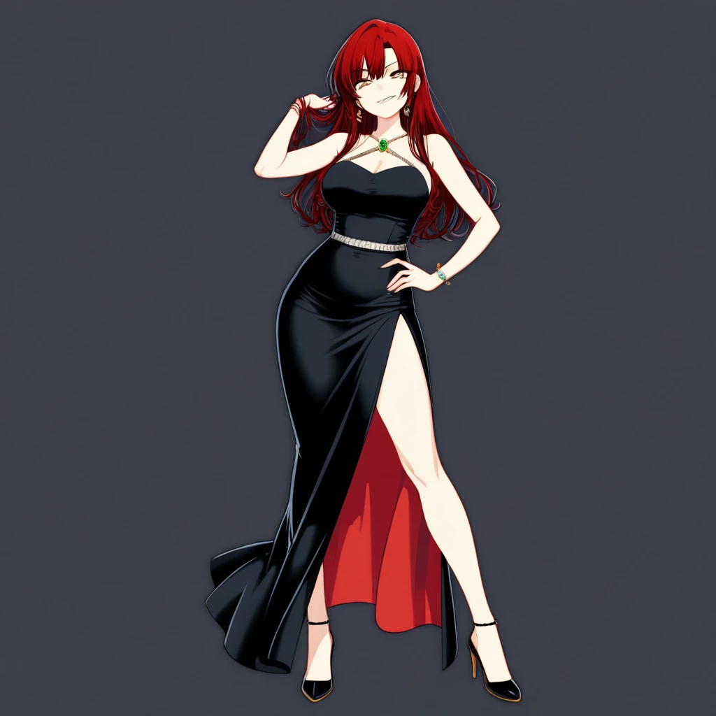1 girl, detailed anime style, masterpiece, best quality, full body shot, red head, emerald green eyes, sexy pose, long flowing blue latex dress, blushing