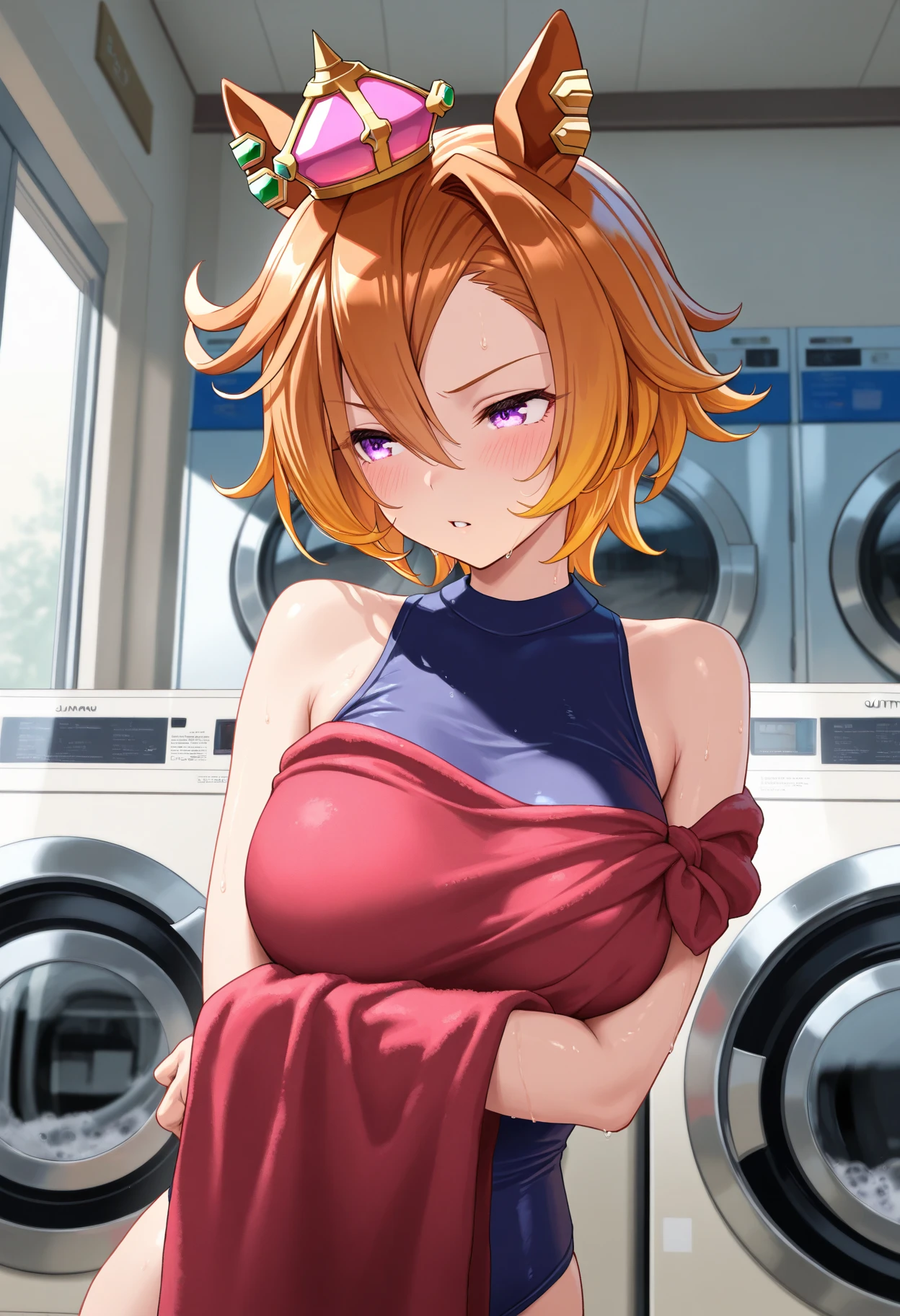 sunset shimmer, medium breasts, naked, white tank top, pokies, black panties, laundromat, washing machines, dryers