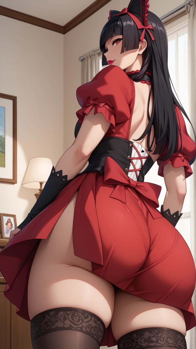 big arse under ((gigantic)) comically large long red hoopskirt crinoline, rigid fabric, structural fabric, victorian era, ridiculous bell-shaped dress, naked, nsfw, (frog perspective), (upskirt view), (back view), (bent over), seen from below, crouching