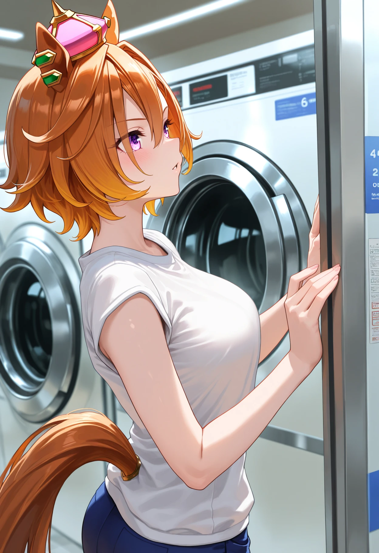 (Rias Gremory) completely naked, inside of a laundry mat, rows of washing machines around her, blushing, embarrassed, naked, exposed tits, exposed pussy, large tits, perfect body, perfect proportions, vibrant colors, beautiful, long red hair, gorgeous, perfect blushing face