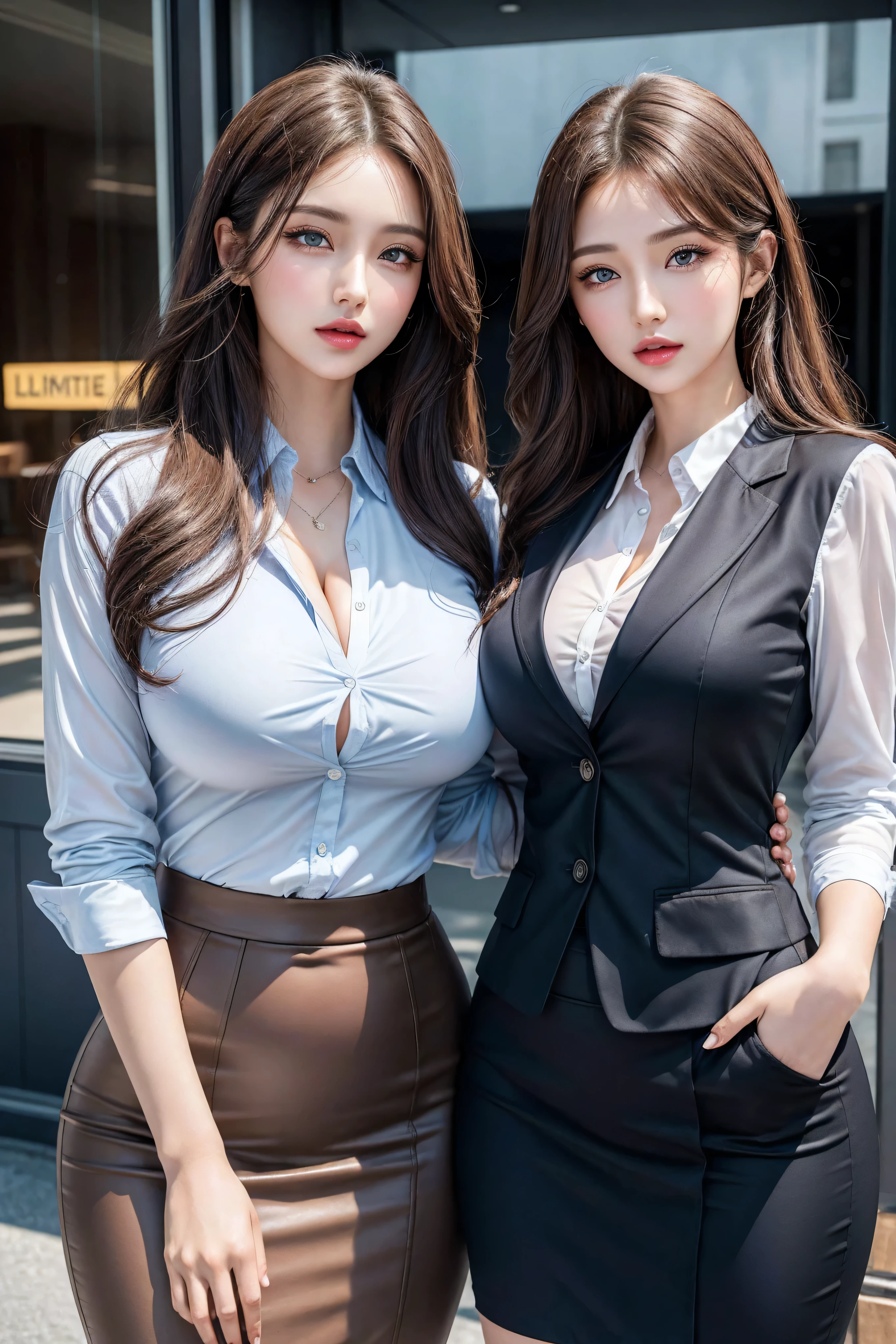 (2 girls), beautiful, Amazing face and eyes, long brown hair，cosmetic, (Extremely delicate beautiful face), (The sexiest look), (beautiful big breasts:1.1), (best quality:1.4), (Ultra Detailed), (Extremely detailed CG unified 8k wallpaper), Very detailed, original photo, Professional photography, ((Business suit)), (tight skirt), (Open collar business shirt),Tokyo Subway、MRT、on the train、