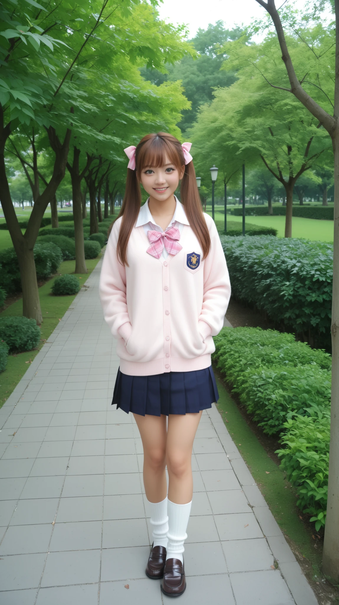 A cute Japanese high school girl posing in a sunny park with a cheerful and stylish look. She is wearing a soft pink cardigan over a white blouse, complemented by a large pink ribbon tied at the collar. Her pleated skirt features a navy and white plaid pattern, typical of Japanese school uniforms. She wears long white leg warmers over classic brown loafers, reminiscent of 2000s "gyaru" schoolgirl fashion. Her hair is styled in high twin ponytails tied with pink bows, and she has full bangs framing her youthful and charming face. She stands slightly leaning to one side with a sweet smile, giving off a shy but confident aura. The park background features lush green trees, a well-maintained pathway, and sunlight filtering through the leaves, creating a warm, peaceful, and slightly nostalgic atmosphere