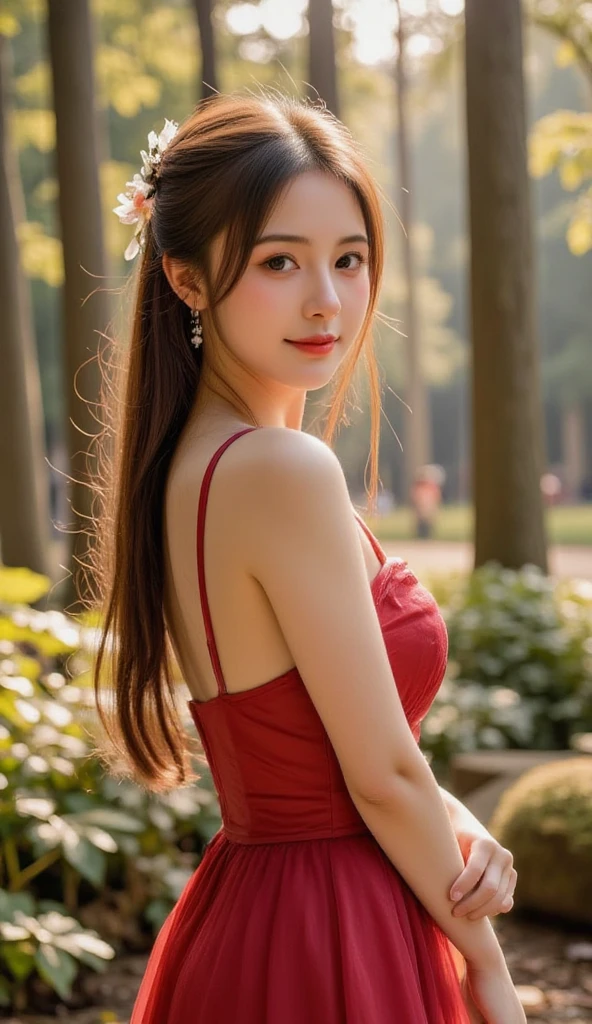 Superb Quality, Masterpiece, High Resolution, 1Girl, Blush, (Seductive Smile: 0.8), Star Pupil, brown eye, normal , perfect body shape ratio, bare face, body goals girl, ideal girl, perfect girl, she's my girlfriend、full body Esbian、perfect anatomy, detailed anatomy, A blonde, cute bangs, long straight blonde hair, sweet smile, stunning face, good girl, idol, key of visual, gorgeous face, perfect anatomy, detailed anatomy, perfect dynamic pose, representation of rose flowers, she wears red dress, gorgeous dress, perfect dress, pigtail, beautiful pigtail, perfect pigtail, detailed ponytail, she looks at camera, front view, full body looks, perfect camera, HD quality, high picture quality、battlefield background, 8K UHD, DSLR, Soft Light, High Quality, Volume Lighting, HDR on, High Resolution, 4K, 8K, Background Bokeh