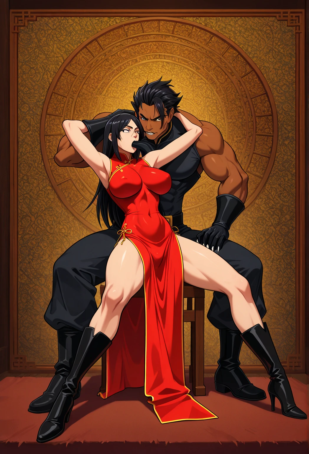 nsfw:1.5,((Highest quality)), ((masterpiece)), (detailed),Momo Yaoyorozu, ponytail、sorry、I have black hair, Troubled face、Embarrassing、Blushing, Ahegao、Eyes Wide Open、Bodysuits, Big Lips, outside, Curvy、(1 old man, a old man is grabbing girl’s breasts from behind)、Overflowing Sex Fluids、Angle from the front