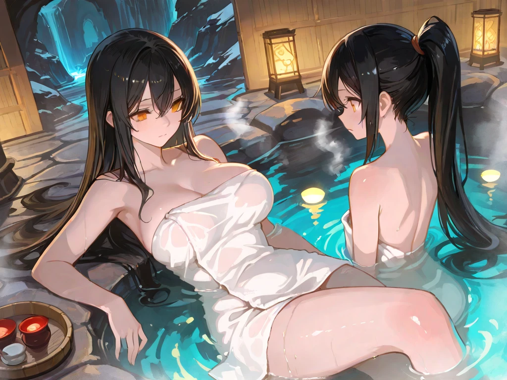 A group of women set in a medieval fantasy world、Dragon Quest、 (At the hot spring), Mr..々Hairstyle, Harem, night, detailed aspects, Seduce, Huge breasts、Big Ass、Wide waist、Wet bath towel