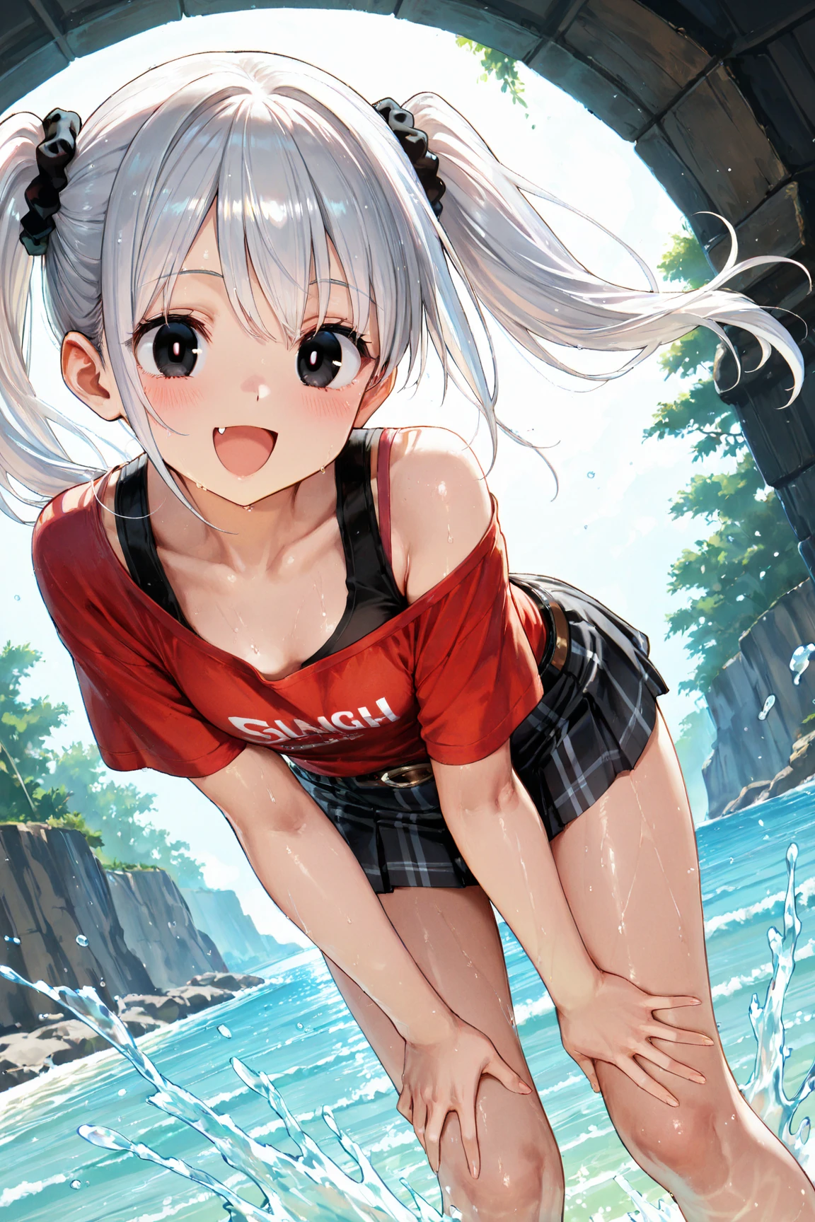 masterpiece, best quality, beach, kasugano sora, shirt tug, black t-shirt, happy, bare shoulders, white dress, white hair, twintails, long hair, hair ribbon, looking at viewer <lora:Sora_b_2:0.6> <lora:shirtTugPoseLORA_shirtTug:1>