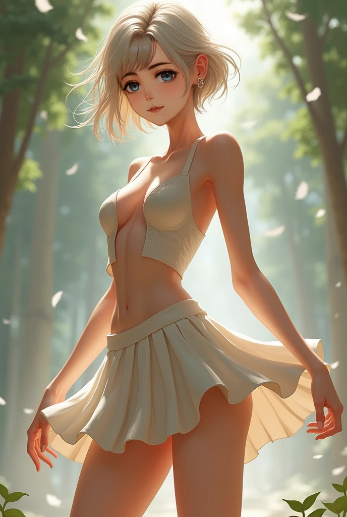 A woman with short blonde hair,lifted,weight 57kg resolution 4k,breasts a little big,skirt short, magic background.