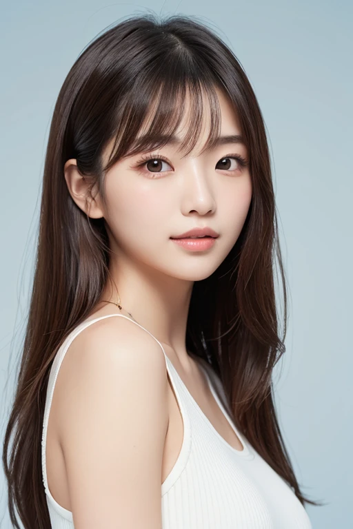 Raw photo, Best image quality, Korean,woman, young, cute, Upper body close-up, White and empty background, smile,chest,KPOP,Idol,dress