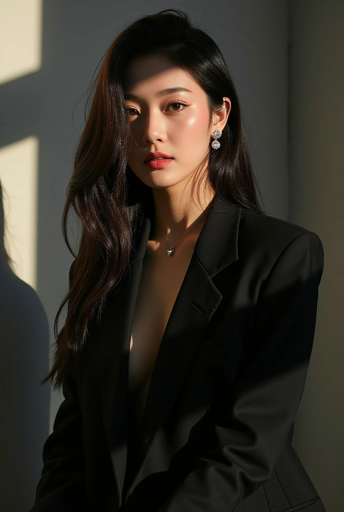 masterpiece, highest quality, alone, 1 girl, glowing skin, hoop earrings, glamorous, quirky details, slicked hair, attractive,shirt,suit pants, shallow depth of field, contrasting,professional model, facing the front, portrait , black hair, big breasts, beautiful clavicle, clear eyes, long hair, layer cut, asian beauty