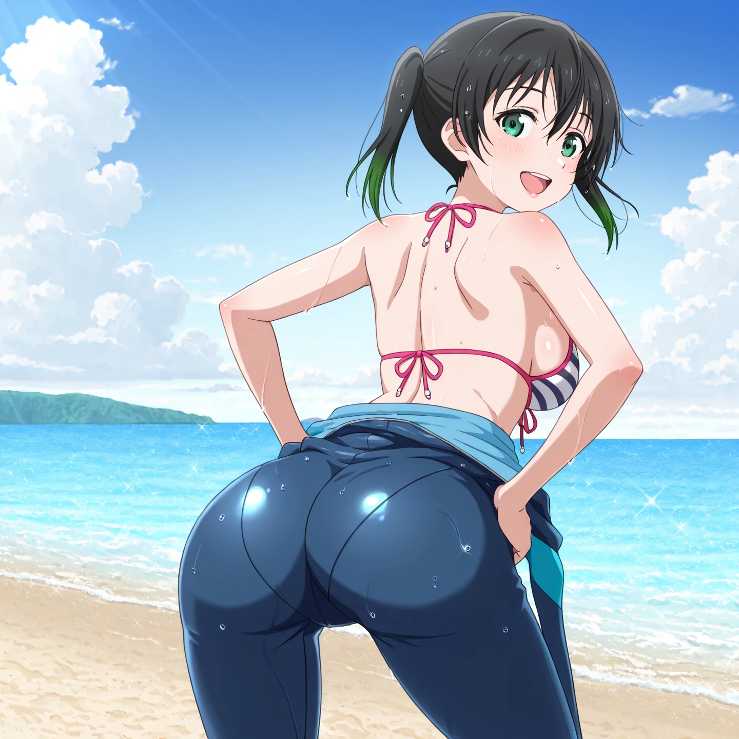 A girl posing for a photo, ((One Girl)), (((Baby Face:1.7)) + ((cute:1.5)) +  ((15 years old))), 
break 

#Clothing Accessories 
((White high leg monokini swimsuit:1.1)) + (Covered nipples) + white high heel sandals, 
(Gold Hoop Earrings), (gold fancy bracelet), (A necklace studded with many precious stones), 
break 

#Features 
((Black Hair:1.2)) + ((Very long side bangs)) + ((Twin tails) : Short Hair + Curly hair + Voluminous Hair + Fuller Hair + Tied with a red ribbon), 
((Droopy eyes:1.4, Big eyes:1.2), blue eyes), (Small breasts + Flat chest), (中立的な顔のFeatures), 
((sensuous:1.5)), 
break 

#background environment 
((noon, (Sunny tropical beach:1.1), ((blue sky)))), 
#Facial Expression Pose
((blush, smile, Open your mouth)), ((Rear view, Get on all fours with your butt facing the camera.)), 
#composition 
((To the camera), (Angle from behind), (Character Focus), (Cowboy Shot)), 
break 

#Body parts elements 
(Slim figure), 
(Symmetrical facial features), 
(Detailed Hair, Beautiful Hair, Shiny Hair), 
(double eyelid, Long eyelashes, Thin eyebrows:0.5, Thin eyebrows:0.5), 
(Expression of fine eyes, Beautiful and delicate eyes, Sparkling eyes, Eye Reflexes, Glitter Eyeliner), 
(Human Ear), 
(Beautiful Nose, Thin Nose), 
(Glossy Lips, Beautiful Lips, Thick lips), 
(Detailed skin, Textured skin, Beautiful Skin, Oily skin), 
break 

#quality 
(((最高quality)), ((masterpiece:1.3)), ((Very detailed))), ((Ultra-high resolution)), ((16K)), ((1080P)), ((Full HD)), 
((Anatomically correct)), ((Realistic)), (3DCG), ((Oil painting)), 
((comics, anime)), (CG illustration), (RAW Photos), 
