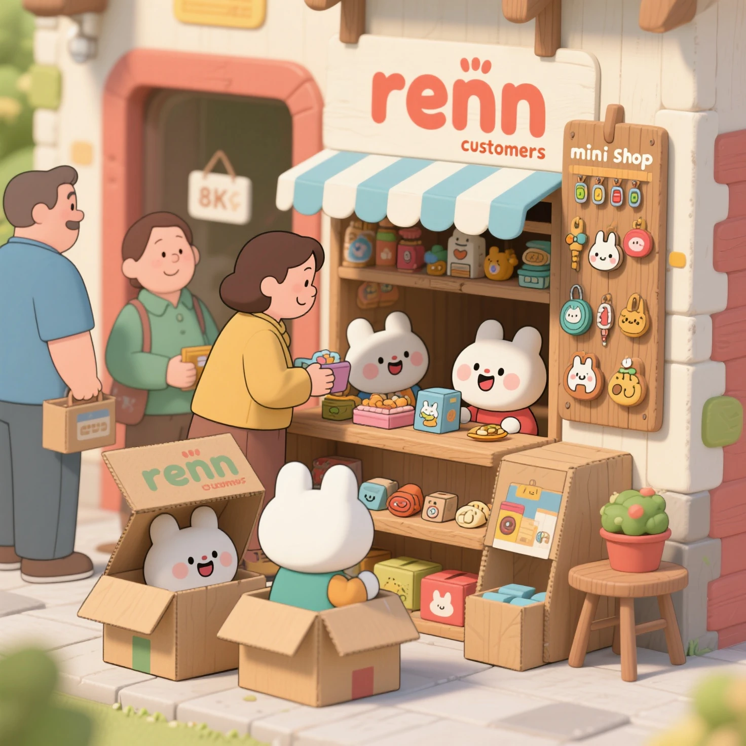 Mini shop. Small ren play shop. They make something like a shop out of cardboard boxes. Adult "customers" visit the ren's shop. In the shop, they bring various ren's treasures and display them on a wooden board. A work of art. Animation. 8K quality. Drawn with a comedic touch. Drawn with simple lines and colors. The cute ren's expressions are wonderful.