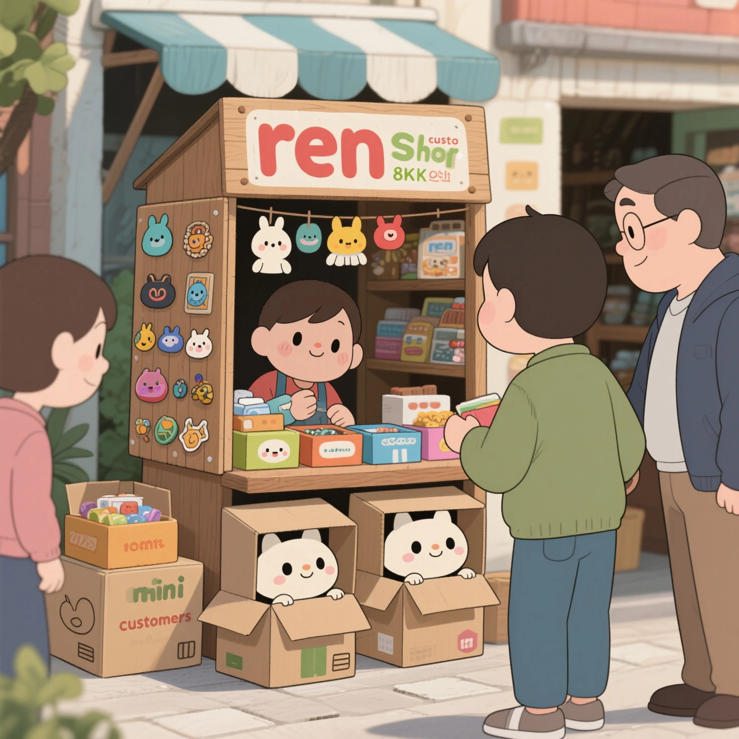 Mini shop. Small ren play shop. They make something like a shop out of cardboard boxes. Adult "customers" visit the ren's shop. In the shop, they bring various ren's treasures and display them on a wooden board. A work of art. Animation. 8K quality. Drawn with a comedic touch. Drawn with simple lines and colors. The cute ren's expressions are wonderful.