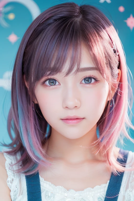 A vivid and fantastical background, A portrait of a beautiful young woman is depicted, Her hair is pastel colored, It has a pink and blue gradation., Her big eyes sparkle, It&#39;s like a starry sky, Rainbow-colored bubbles and light particles dance in the background, The overall atmosphere is dreamy and magical, (Her hair is pastel colored, It has a pink and blue gradation:1.4)