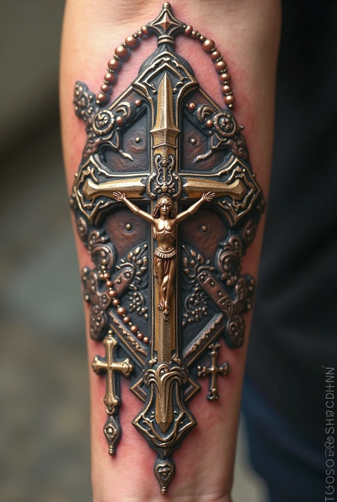 Will you create a description of the artwork for a tattoo featuring a shiny chain with a cross? I would like the chain to be an intense cobalt blue color and the cross to be silver and copper. Let this tattoo symbolize life's balance between durability and changeability