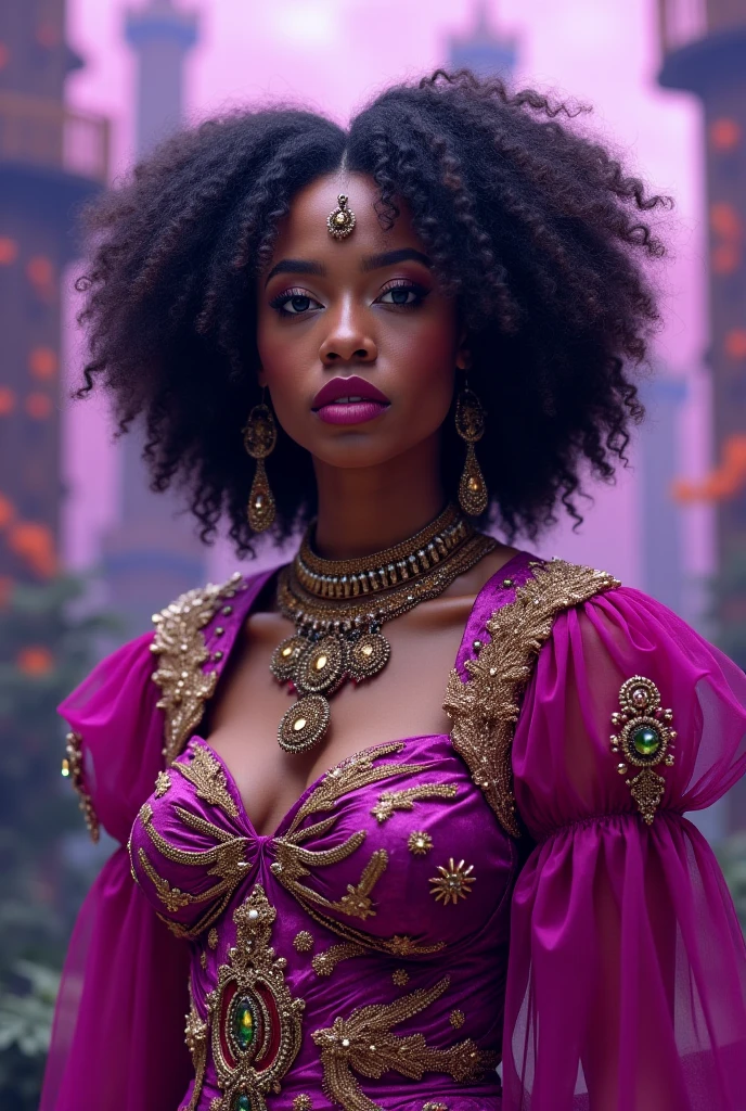 (adicionar_detalhe:1) Crie um retrato realista de uma princesa afro-americana. Ela tem cabelos volumosos em um estilo natural, adornado com flores coloridas. Your skin is a rich, Tom Profundo, radiante com um brilho natural. Her eyes are expressive and captivating. She wears a stunning gown in vibrant hues with intricate details that reflect her cultural heritage. Her posture is elegant and confident, conveying a magnetic presence. (The camera is positioned to capture the chest-up part of the princess, showing off her graceful expression and stunning outfit)