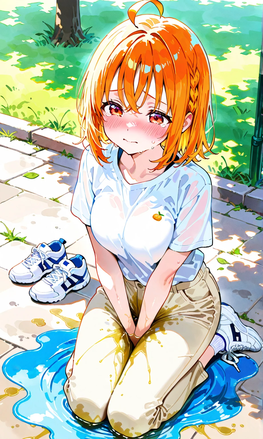 nsfw,(((masterpiece))), (((best quality))),((masterpiece:1.5)), (best high quality), (ultra high res), (ultra highly detailed), (8k:1.3),anime colored,perfect hands, perfect fingers, perfect legs,(cowboy shot,from front),(forehead:1.2),1woman,solo,idolmaster, (haru yuuki) ,(14years old, beautiful girl), (beautiful eyes),(((beautiful orange hair))), (((long straight hair))), (wet hair), (wet skin), ((Sweat)), ((vapor)), (flat chest,small breast),(expensive), ((spread leg)),(straddling),(spread pussy 1.5),(love juice:1.2),(many sweat:1.5),(pubic orange hair:1.4),(soccer uniform:1.5),(((clothes lift))),(wet clothes),(baseball cap),(gray sports bra,gray sports panty),(open your mouth), ((a big smile)), ((out tongue)),(Nice touch), (one eye closed),((feel good)), ((happy)),(saliva), (soccer stadium),(cum on body:1.9),(cum on face:1.9),((cum in hair:1.9),ecstasy torogao, ahegaosaliva trail, nose blush,pleasure vaginal penis,impatience,((grin)),BREAK,(1 Faceless male, hetero:1.3), ((vaginal sex,carrying sex)),(cum shot:1.3),(bukkake:1.5))),(look at viewer),(peace sign:1.5)
