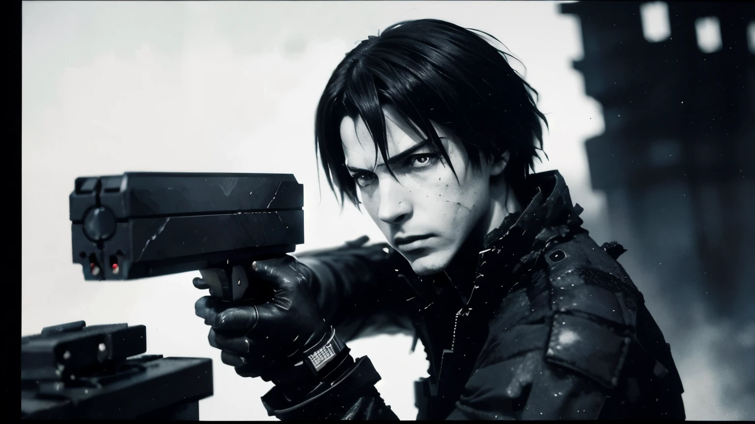 medium shot, 35mm lens,upper body,solo,blame, tsutomu nihei, by tsutomu nihei,movie, killy, cibo, GBE,1boy, killy, ova, short hair, black hair,a lone male cyberpunk warrior, (aiming a high-tech handgun:1.2), he stands amidst the ruins of mechanized structures,wearing modular black tactical armor with segmented plates, utility belts, pouches, and cables, high-detail textures, holding a compact futuristic handgun with red accents, short messy black hair, pale skin, emotionless and stoic expression, manga-style facial features, sharp eyes, realistic anatomical proportions, inspired by Tsutomu Nihei's BLAME!, ultra-detailed illustration, monochrome palette with red highlights, cinematic lighting, high contrast shadows, ink-style rendering