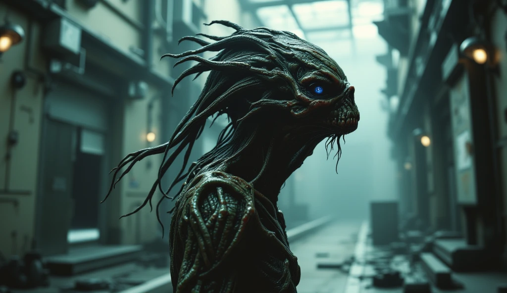 The small, emaciated alien with mangy fur and burned skin materializes in the middle of the ship's corridor, smoke swirling around it. The crew, a mix of Jim's young, beautiful wives, looks on in horror. The alien’s fur is mangy, its skin burned, and it wears tattered black robes adorned with celestial symbols. [Camera shot: Wide shot with a focus on the alien's dramatic entrance]. Use a dark and unsettling color palette to convey the nightmarish atmosphere of the scene, dark anime, Madhouse Studio style, cinematic, with a focus on highly detailed and high-resolution 16k imagery.