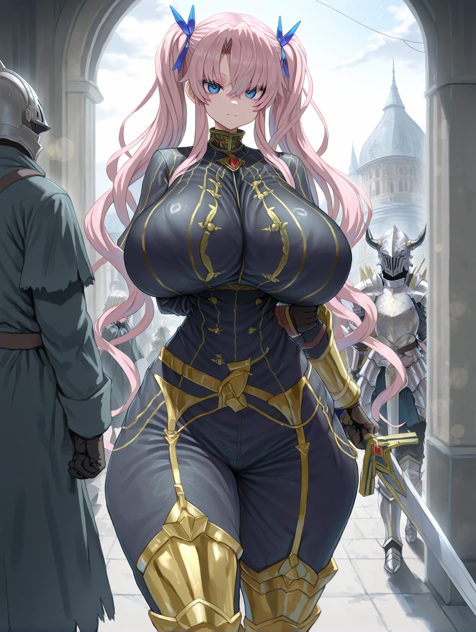 anime, ultra detailed, hyper detailed, best quality, highres, 4K, master piece, 1 female, 28-year-old, Navia, sexy lingerie, gigantic, huge breast, France city, crowded, (((accompanied by female bodyguards))), 