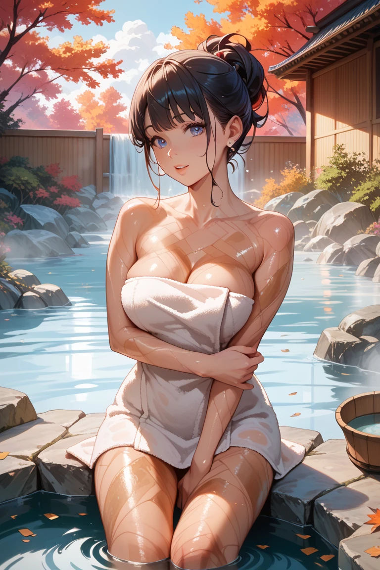(((masterpiece))),(((High resolution)))、(((8K)))、(((perfect face)))、(((beauty of japan)))、40 years old、(((beautiful face))), (((naked body))), (((hot spring))), embarrassed look, look at the camera, top quality eyes, detailed texture, look at the camera, all body, big tits, cool girl