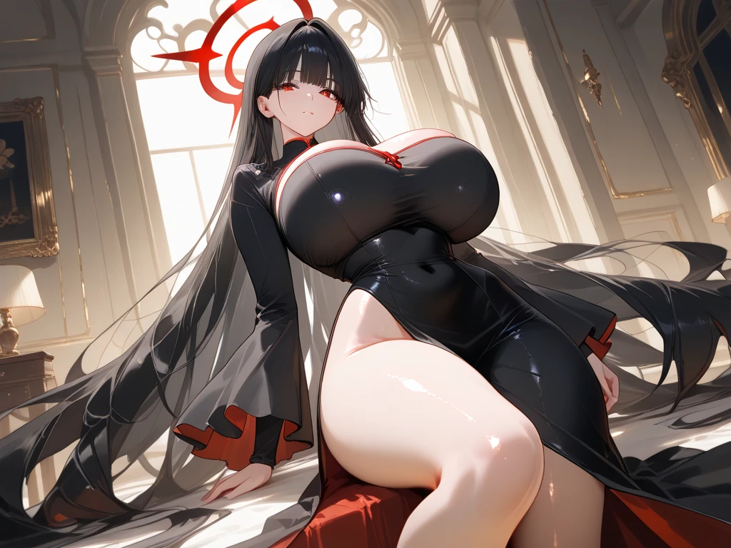 Detailed facial details,1 girl、Cat ear,Black long hair,Red lips,Large Breasts,Wear pure white chiffon Chinese tights,The whole body is wrapped in black silk fabric,Two hands,Charming red eyes, Shy expression,Slim,Handcuffs,Collar,Radiant Skin,Facial details are very detailed, Sitting on the beach,coastal