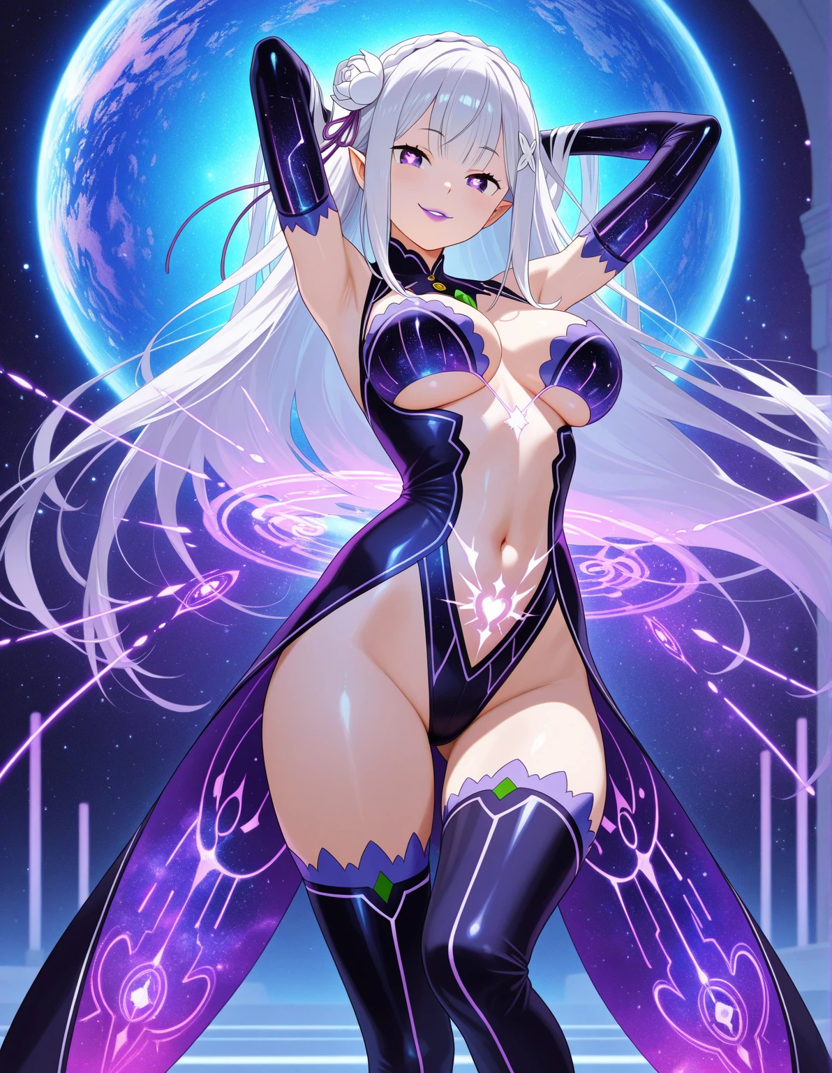 masterpiece, best quality, closed eyes, ecstasy, embrassed, blush, arched back, flying in the cyberspace background, prplhrtdef, long hair, straight hair, hair ornament, large breasts, full breasts (((((purple glowing body, glowing bodyskin)))), ((((purple glowing nude, glowing nude_only)))),
