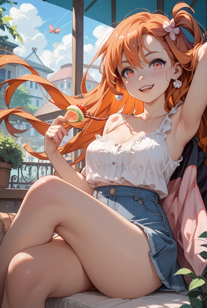 realistic, high resolution, 1 girl, orange wavy hair, Korea, Heterochromic eyes, Small mole under the eye, loose white shirt, skinny denim shorts, big breasts, thigh, Visible masterpiece underwear, realism ,eat watermelon