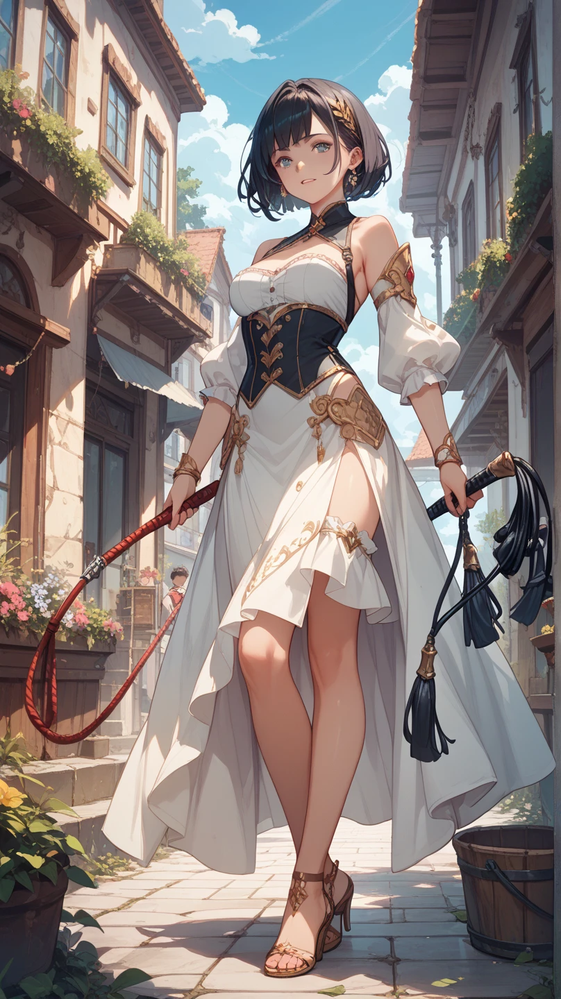 masterpiece:1.3, concept art, illustration, mature females, 29 years old, perfect face, sad teeth smile, sad face, detailed eyes, detailed face, huge breasts, beautiful skin, ((red eyes)), expressive eyes, brunette, ribbon in hair, earrings, maid dress, silk dress, dramatic face, rim lighting, dutch angle, pixiv, water background