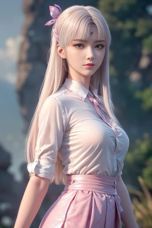 (Anime fox girl with long white hair tied in ponytail), (Fox girl holding a katana,in a skirt), (Red eyes), white-haired god, neutral expressions, High quality, ((Extreme detail)), Forest village in the background