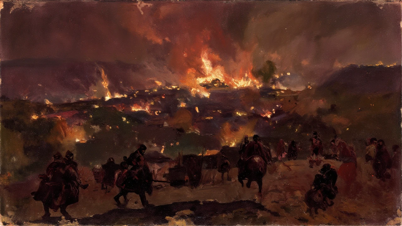 Burning earth,Burning tanks,chariot,Planes in the sky,Smoke billowed out,Dimly lit sky,((the fire)),karo,cannon fire,Ruined streets,(illustratio:1.0)、Epic composition、Realistic lighting、high definition detail、tmasterpiece、Best quality,(非常详细的 CG 统一 8k 壁纸)