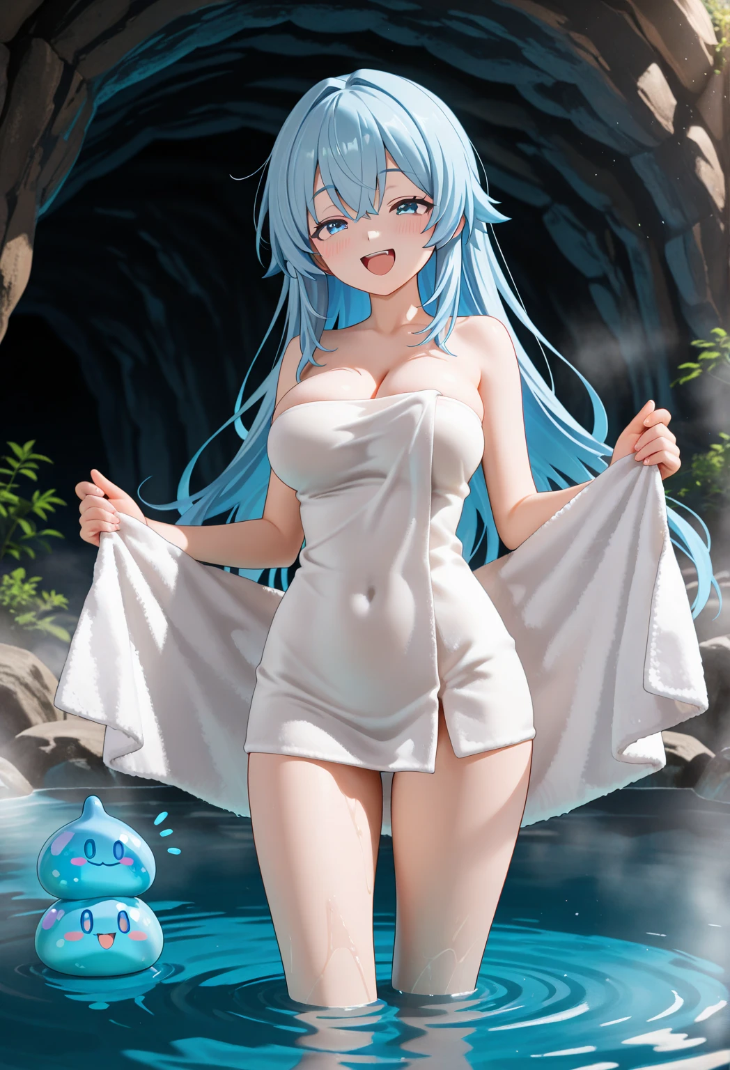 voroshilov, naked towel, 1girl, breasts, towel, large breasts, looking at viewer, solo, onsen, cleavage, wet, sitting, water, blush, parted lips, smile, collarbone, thighs, sunlight, bathing, outdoors, rock, partially submerged,