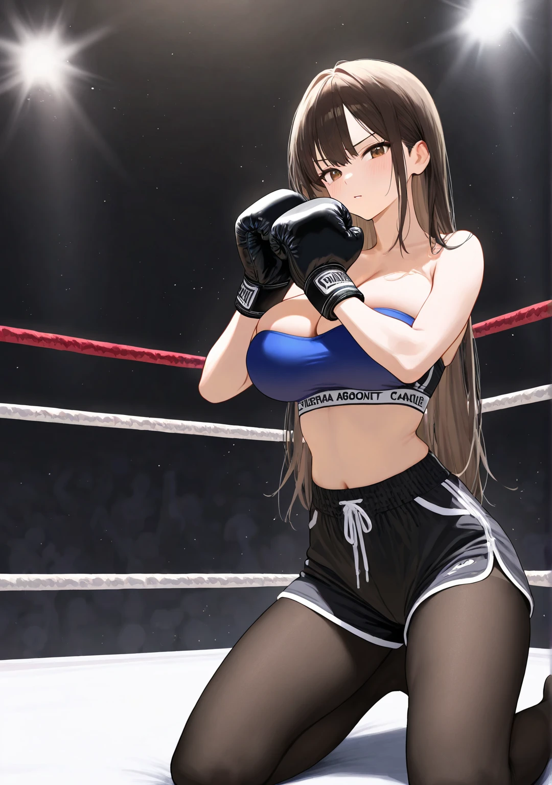 Korean beauty model,Good shape,Pretty Face,detailed picture, blush,White high ponytail,Wearing strapless sportswear,Wearing black suspender stockings,high-heel boots,Wearing black fingerless boxing gloves,Kneeling alone in the boxing ring and posing sexy,Large Breasts,Cleavage,Thin legs,nipple,Camel toe