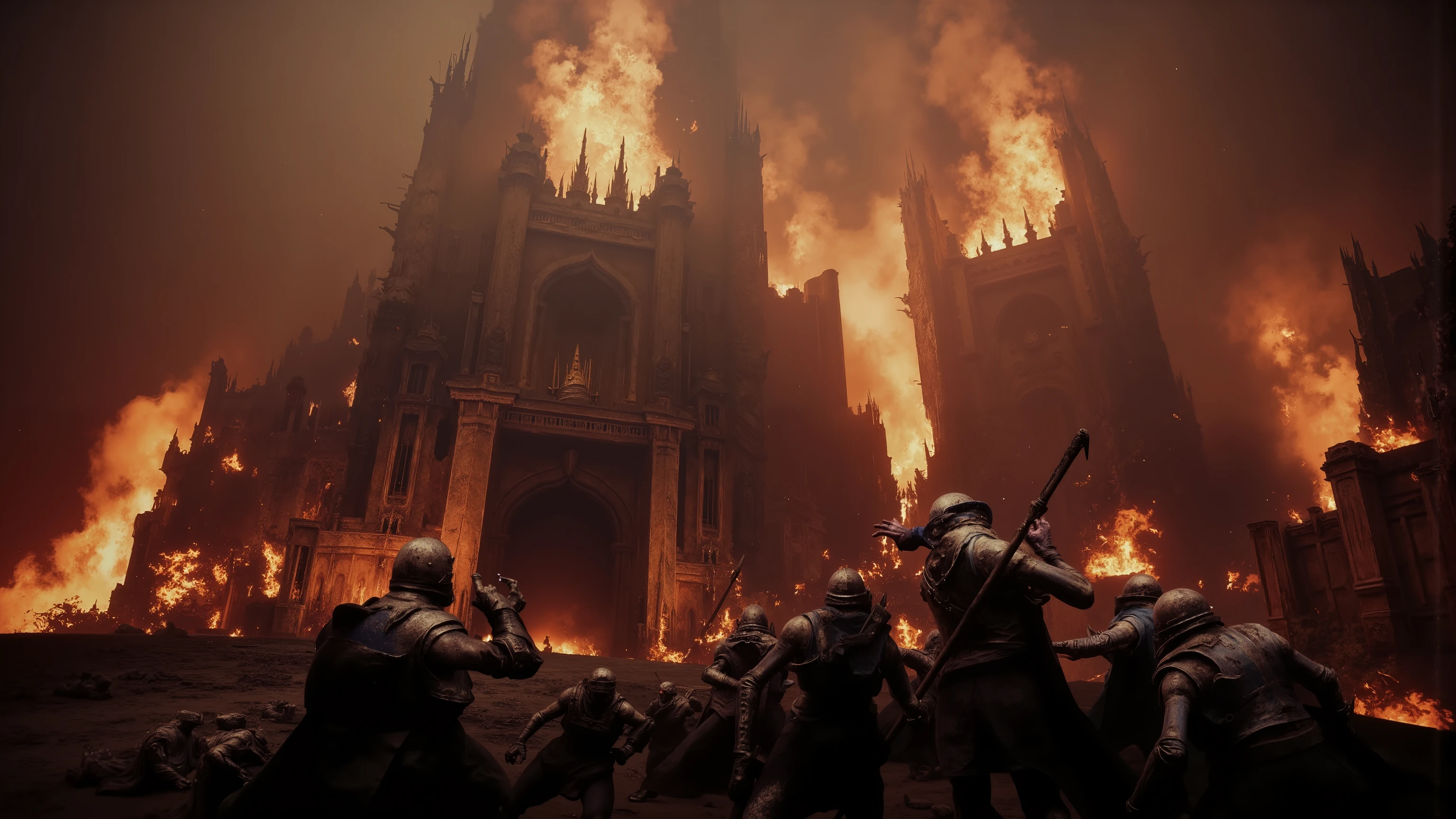 hell prison, high fantasy style, medieval dungeon, attacking fiends, hunting demons, fire and magma everywhere