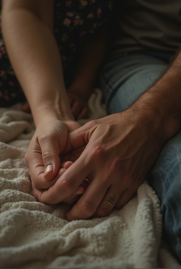 A woman and a man holding hands while sitting and their faces cannot be seen, from behind the back that can be seen up close