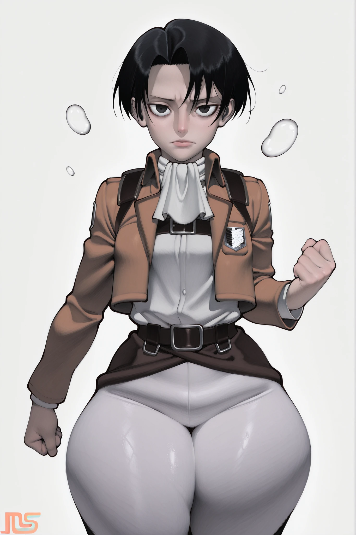 (yoneyama mai:0.8),(watercolor art),realistic,(anime lines:0.7), score_10_up, score_10, score_9_up, score_9, materpiece,amazing quality, high quality,best quality, very awa, highres, absurdres,uncensored,very aesthetic, gritty aesthetic, hand-drawn, manga, dynamic shading, textured hair, BREAK,
1man, solo, femboy focus, levi_ackerman, black hair, black eyes, short hair, curtained hair , paradis military uniform, ascot , white ascot, white pants, wide hips, doughy thighs, bubble butt, thick thighs, standing, dynamic pose, cowboy shot, dramatic shot, dynamic shot, blank background, looking at viewer, face focus, facing viewer, white background
BREAK, detailed illustration, detailed background, detailed eyes,depth of field,
materpiece,amazing quality, high quality,best quality, very awa,very aesthetic,