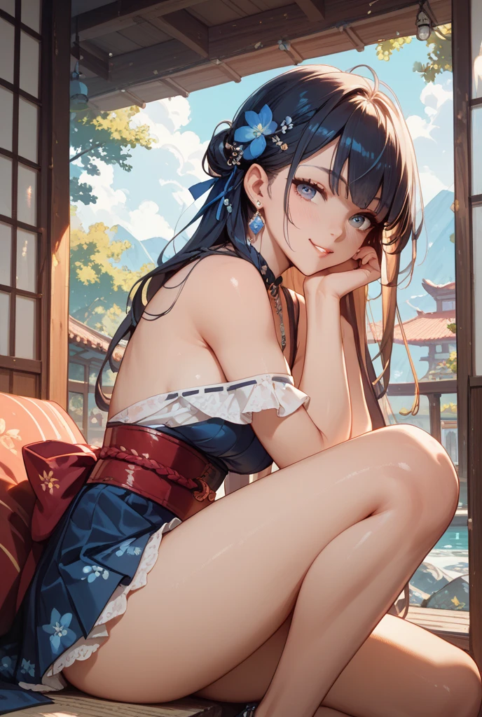 score_9, score_8_up, score_7_up, score_6_up, score_5_up, source_anime,official_art,high res image,detailed face,illustration,1girl,soro 21 years old,sophisticated young gravure idol, forehead black shoulder length high ponytail hair,tareme,close set eyes,gwaites style artwork,long legs,:o,pointed nose,pointy medium breasts,medium ass,slim body,pubic hair,(light bule polka dot bra panties),cowboy_shot,Composition from the front,glistening skin,hand on hip,masterpiece, best quality,anatomically correct, beautiful face,perfect eyes,score_9, score_8_up, score_7_up, masterpiece, absurdres,standing