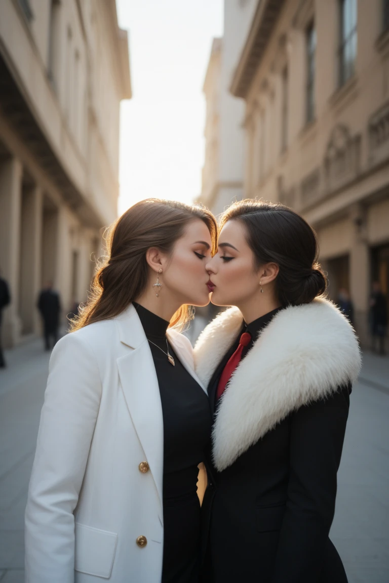 desperate women intensely kissing women, authentic (kind and tender) good woman wearing a short blazer with a very very detailed (long (fully pleated) full circle skirt) and (simple) low heeled office shoes, very very intricate hyper-detailed symmetric (attractive graceful young feminine face) with (sad, tired eyes and a shy smile), full of empathy and compassion and love, (pronounced (feminine) features), (highly detailed ultra accurate realistic) hands and fingers, (windy conditions and wind blowing), epic composition, highly detailed attributes, highly detailed atmosphere, (35mm f1.4 Kodak portra 400 photograph), extremely high quality RAW photograph, detailed background, intricate, Exquisite details and textures,