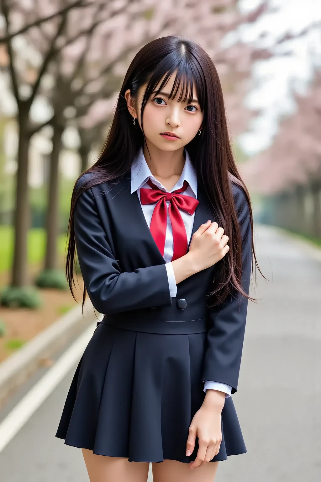 ((8k, best quality, masterpiece:1.2),HashimotoKanna, best quality,realistic,realskin,1girl,outdoor ,beautiful,raw_photo,photo-realistic, black hair, school uniform,