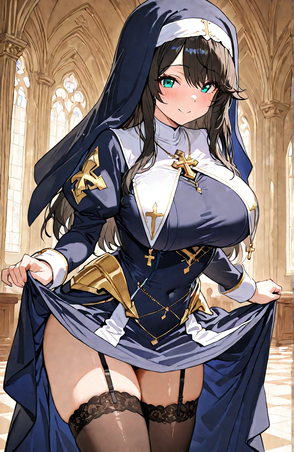 highest quality,wonderful,finely,extremely detailed CG Unity 8K wallpaper, (1 girl, Black Hair, double bun, clothed),(huge breasts:1.1),(black head veil:1.3), (zettai ryouiki:1.4)