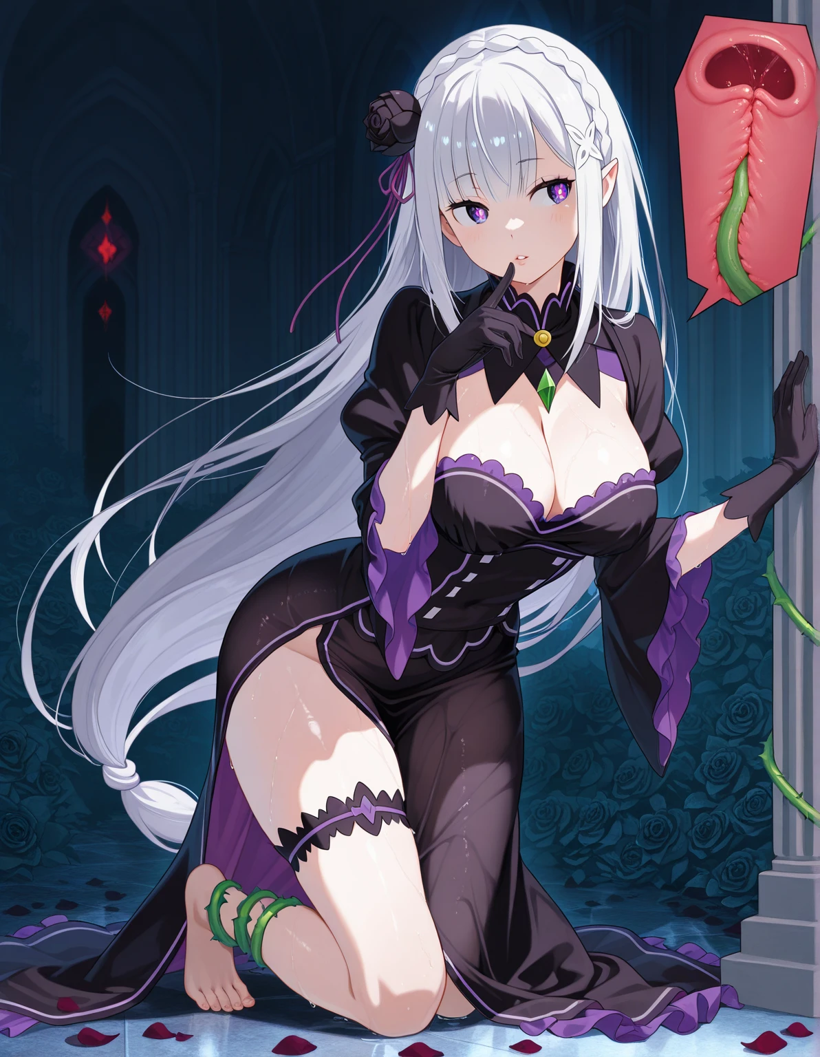 Best quality, Masterpiece, A high resolution, Solo, {Keqing_Genshin:1.15}, Long_Hair, purple_Hair, purple_Eyes, Hair_Bun, cone_Hair_Bun, double tails, bangs, Double_Bun, Breasts, Hair_decorations, Blush, Braid, mediating_Breasts, Closed_Mouth, 1girll, Bare_bshoulders, cleavage, Looking_at_peeping at the viewer, Simple_Background, The upper part of the body_Body, White_Background, Hair_between_Eyes, Large_Breasts, 鎖骨,(Wearing a long black lace dress),(Smile),evil grin smile,Licking his lips,Wearing black stockings,red color eyes