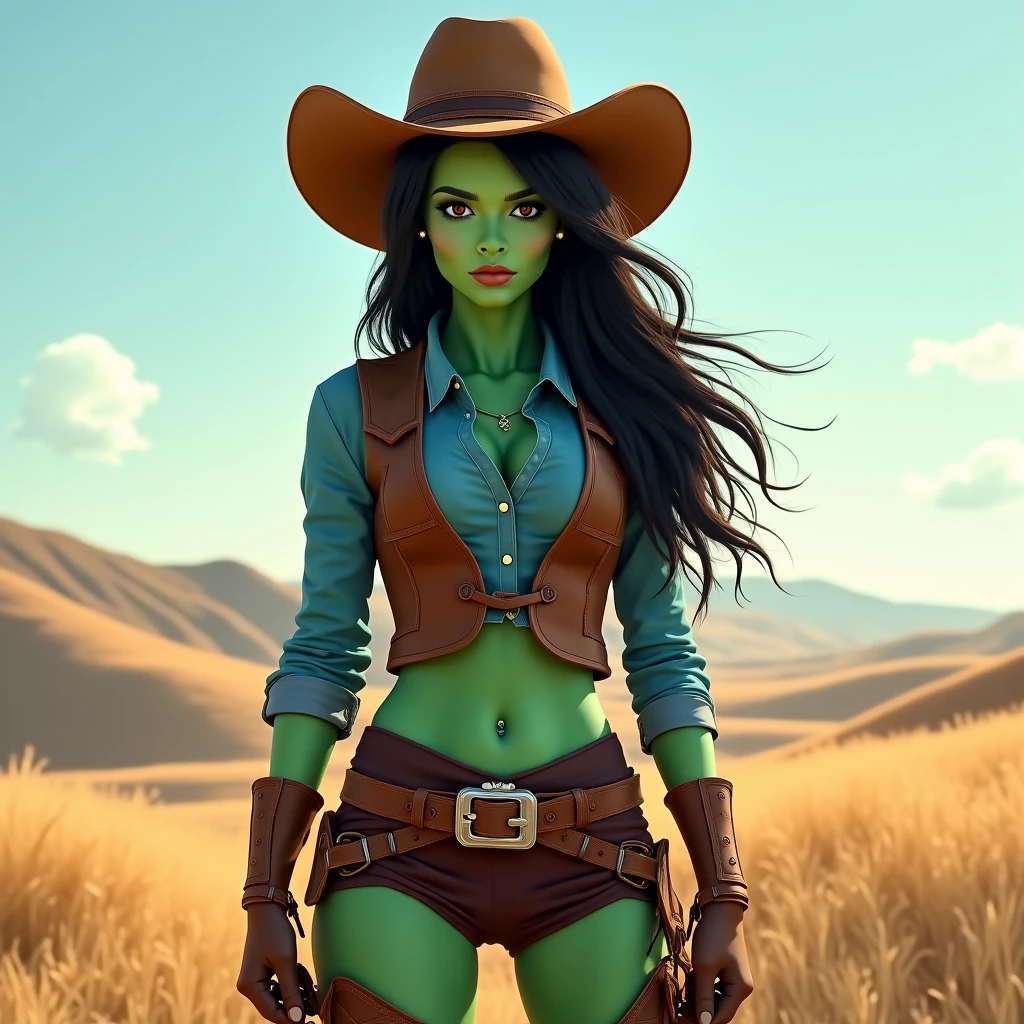 cute and sexy goblin girl, black hair, green eyes, green skin, brown leather clothes, corset, choker, big breasts, serious face, realistic style, outliner, white background, bust, upper body, holding sign "F*ck me"