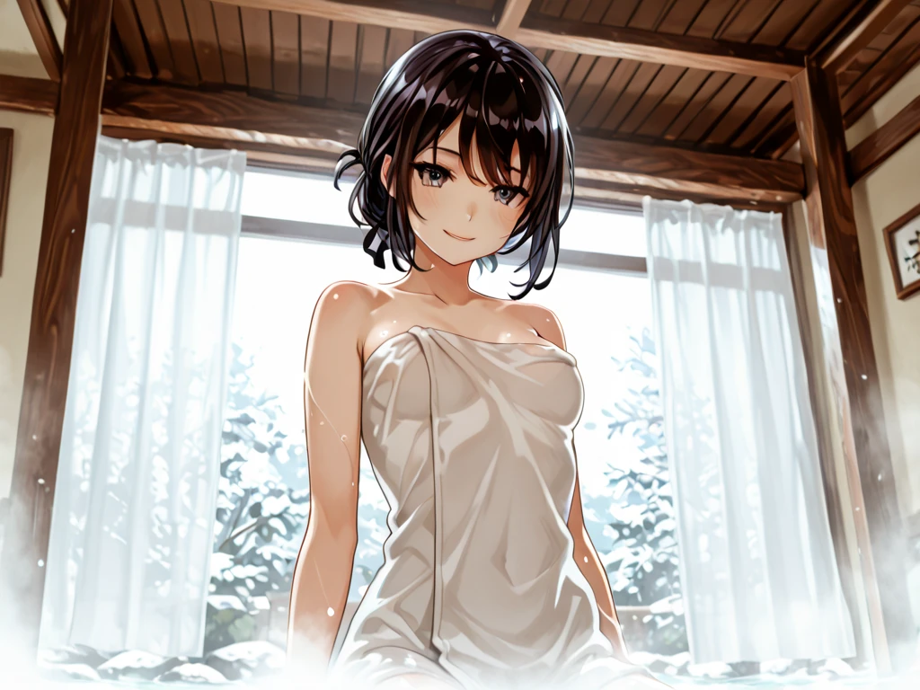 Off-the-shoulder attire，looks into camera，The upper part of the body，Black color hair，ssmile，hot onsen，Half of the body is in water，perspire，white bathrobe，sportrait，thermography