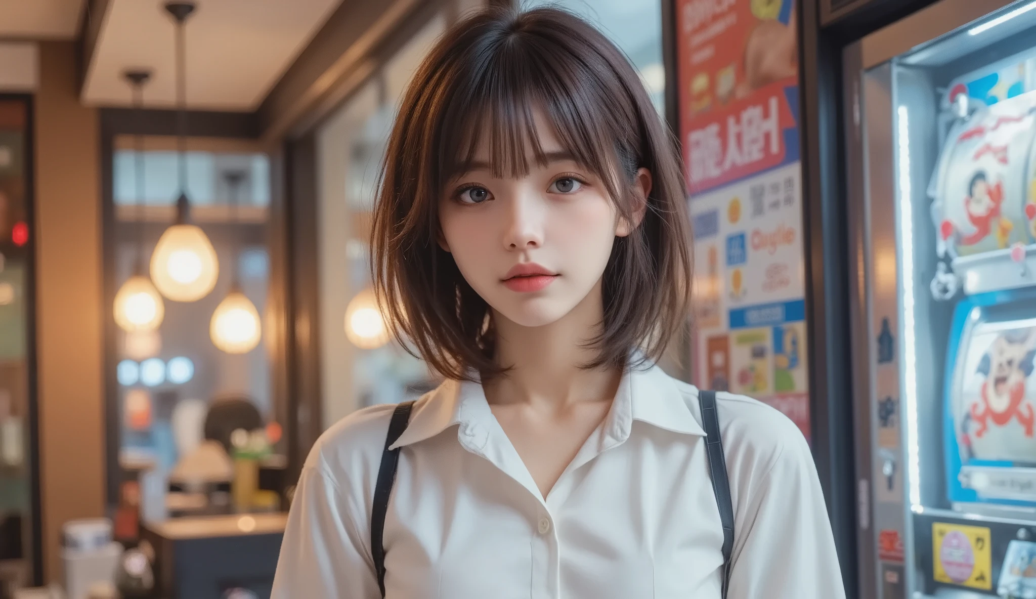 must-have, top quality, Illustration, super detailed, fine detail, high resolution, 8k,Wallpaper, perfect dynamic composition,(DETAILS HIGH QUALITY, Realistic Eye Description:1.3), standing, short hair, (Wave Hair:1.2), (oversized_shirt:1.2)、oversized_shirt, Layered Cut, dark haired, big natural lips, hotel room, I'm crying a little、Harajuku style、20 year old girl、cute type、ta, gravure idol on top of the slot machine, Full body photo、Focus on the crotch, big