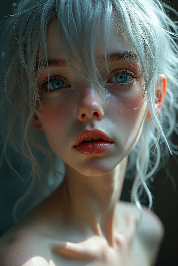 A girl around 15 years old with long white hair。The breasts are small、The hair underneath is not growing。Ahegao