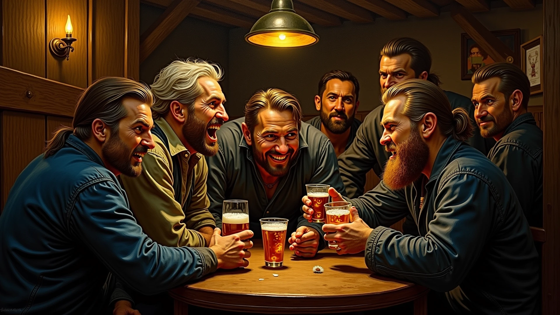 NIGHT BAR , liquors , man long hair metal shirt drinking whiskey toasting with 3 people , two men with hoodies next to each other drinking and the other death