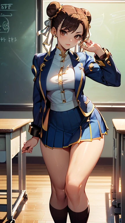 Body position: Standing, straight, symmetrical, barefoot, Lustful smile on face with red blush, Luna Konosuba, Guild receptionist outfit, full body standing, cleavage