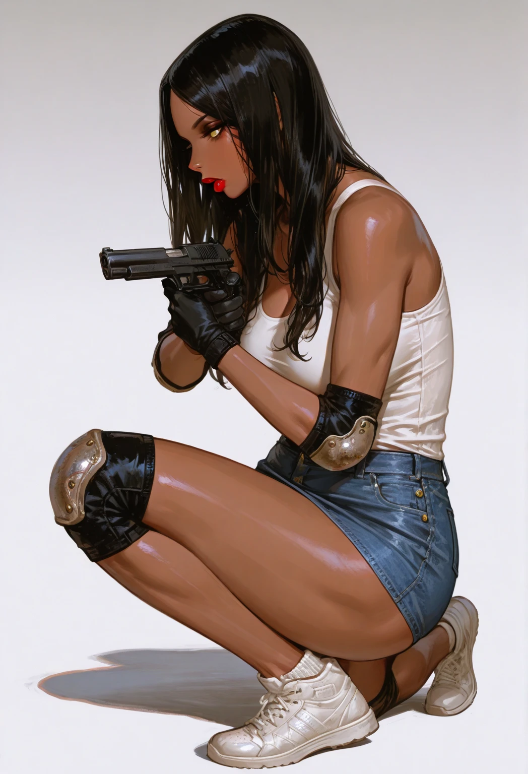 arafed woman com tatuagens and a baseball cap sitting on the floor, with black braids, tatuado, tatuado, com tatuagens, esportivo, de joelhos, tiro na perna e coxa, de joelhos, pele branca brilhante, iluminado por baixo, foto interna, Emylie Boivin, tirada em 2 0 2 0, grosso, suado 4k, trabalhando fora