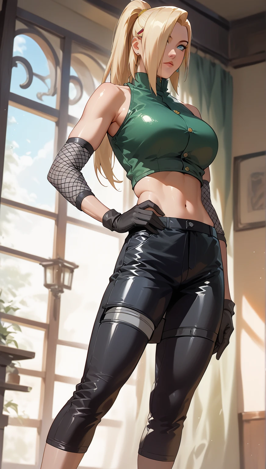 (solo:1.1),(masterpiece), (best quality:1.3), highly detailed, intricate, professional art, digital art, absurdres, confidant, emerald sustrai, futanari emerald sustrai wearing a white and green leotard with arm gloves and pants confidently posing clutching-crotch indoors, (pants:1.6), 1girl, solo, (dark skin:1.4), green hair, bob hair, gold hoop earrings, gold jewellery, ab lines,(gold navel piercing:1.1), detailed stomach, red eye colour, dark skin, average breasts, (aroused:1.2), (futanari:1.1), (wide hips:1.4), (makeup 1:1), beestung lips, (black lipstick:1.3), penis bulge, panty straps riding hips, (crotch bulge:1.4), crotch bulge, testicle bulge , furniture, fontal view, universal lighting