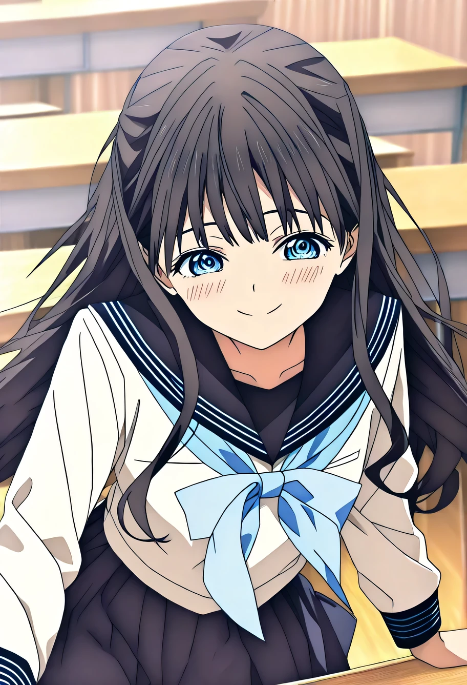 ((Highest quality)), ((masterpiece)), (detailed: 1.4),Anatomical, Award-winning concept art, beautiful, The finer details, score_9, score_8_up, score_7_up, source_anime, komichiakebi,  komichi akebi, long hair, bangs, blue eyes, black hair, shirt, long sleeves, bow, school uniform, white shirt, serafuku, sailor collar, neckerchief, blue bow, black sailor collar, blue neckerchief, indoors, classroom, bent over, smile, looking at viewer, cowboy shot, dutch angle, solo, ((Active, avert your eyes, Shyness, 最高のdetailed((非常にdetailedな))(High-definition CG illustrations), Anime Style 4k, Proficient in digital anime art, Anime Art Wallpapers 8K, ))