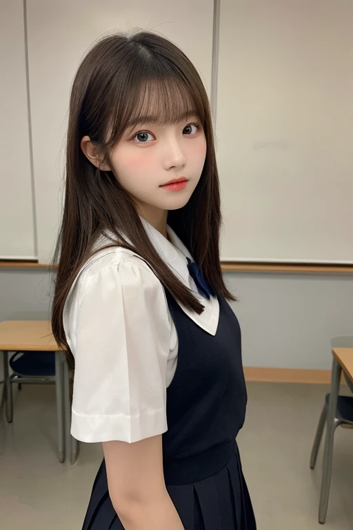 NSFW,(Super big breasts、valley),Swept-back Bangs、Wearing 、(High school classroom)、double eyelids、Tear bags、Big, round eyes、Long eyelashes)、highest quality